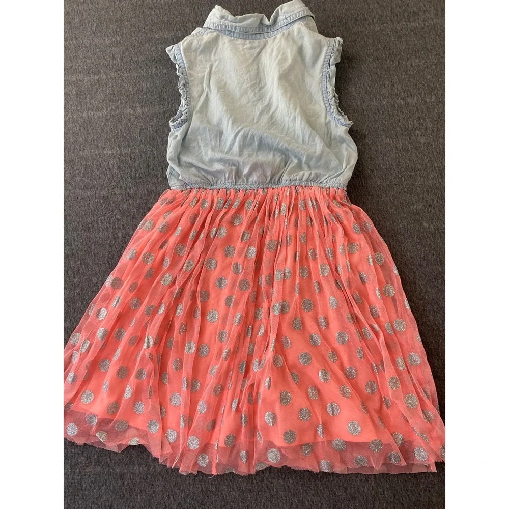 Justice Girls Denim and Coral Pink Tulle Glitter Polka Dot Dress Size 12